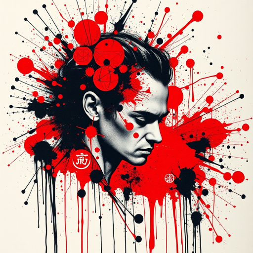 Trash polka tattoo "Urban Symphony" combining bold red and black ink splatters with photorealistic portraits and abstract geometric shapes for a chaotic yet harmonious composition