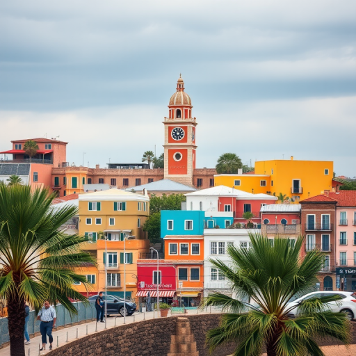 Capture a vibrant coastal town with colorful buildings and a prominent clock tower, using a Canon EOS R5 camera, 35mm lens, f/8 aperture, ISO 200, 1/200 sec shutter speed, with a wide-angle view to include palm trees in the foreground and a slightly overcast sky for soft lighting.