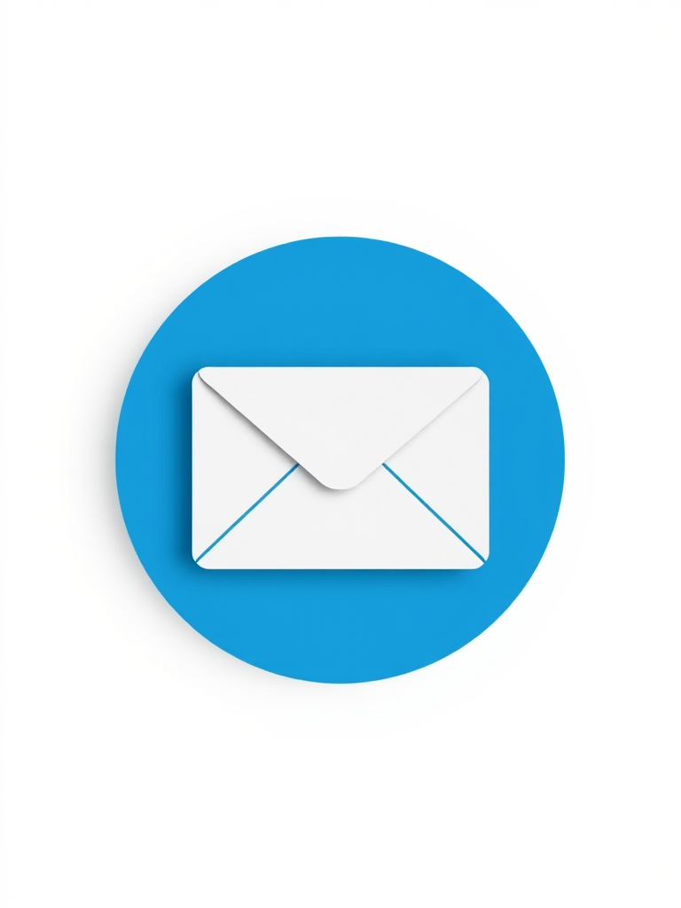 create a high-resolution icon of a white envelope on a blue circular background, use a 50mm lens at f/2.8, ISO 100, shot in natural light with a soft focus style on a DSLR camera