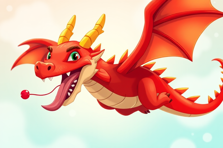 Create a vibrant illustration of a whimsical red dragon flying with its tongue out, using a high-resolution digital camera with a 50mm lens, f/1.8 aperture, ISO 200, and a bright daylight setting to enhance colors and details.