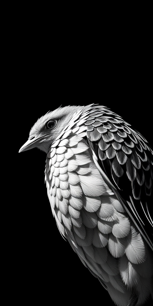 Create a highly detailed illustration of a bird with intricate feather patterns in black and white, shot from a low angle with a 50mm lens at f/2.8, ISO 100, capturing a dramatic lighting effect against a dark background, emphasizing texture and form.