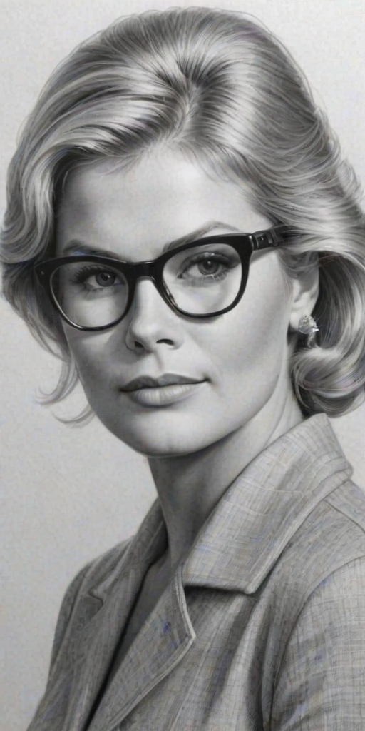 Graceful Candice Bergen, pencil sketch, portrait of Gorgeous woman 1954s in glasses, hair style beatnik, outline, clear lines, fine lines, 8k