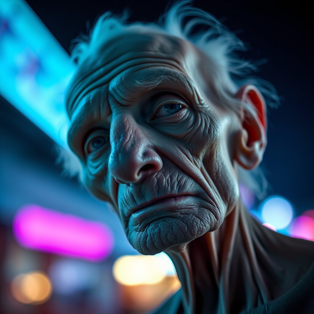 create a close-up perspective view fine art photography contemporary style of an elderly worn albino’s face with a soft, candid expression on a blurred sky black light background.Showcasing a modern style characterized by vibrant blacklight tones, using dramatic lighting and soft gradients to create a fine art atmosphere. The focus is on the light and facial features. motion light blur, neon backlit