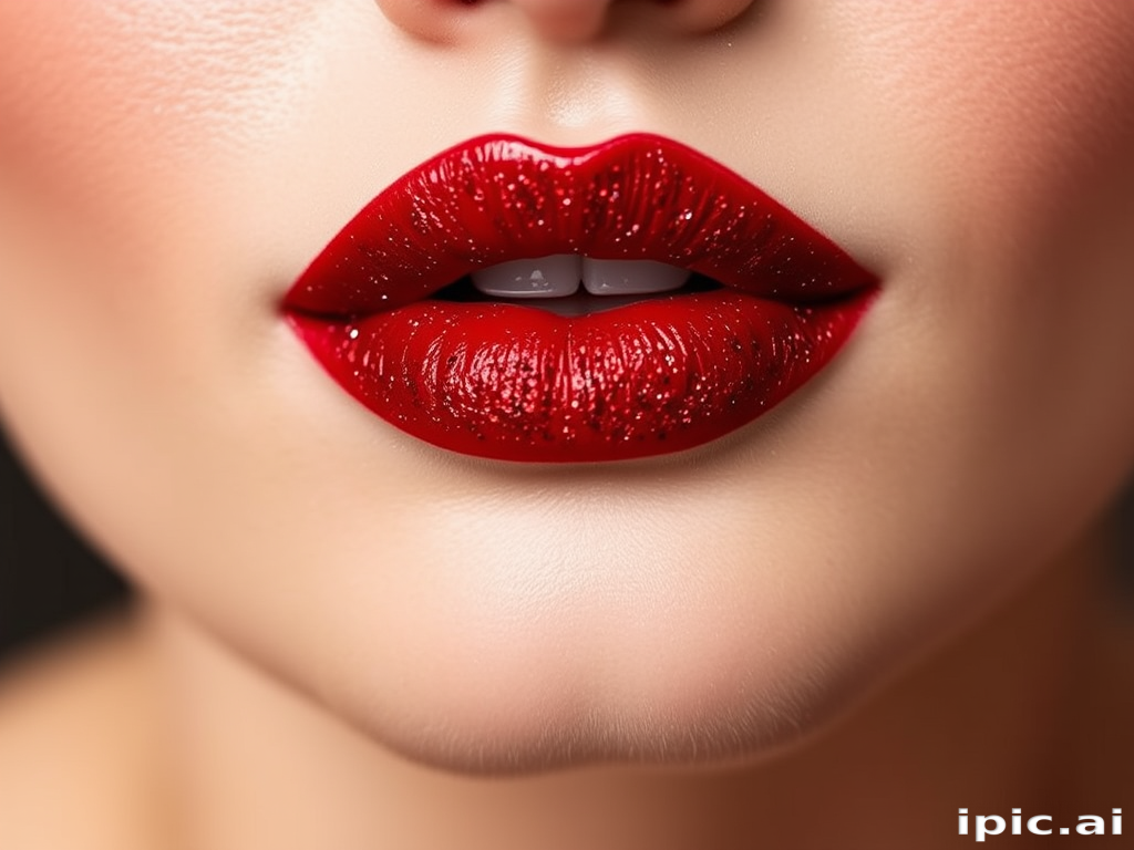 Glitter-infused ruby red lips dubbed "Sparkling Siren" combine classic glamour with modern sparkle, ideal for holiday parties and special occasions