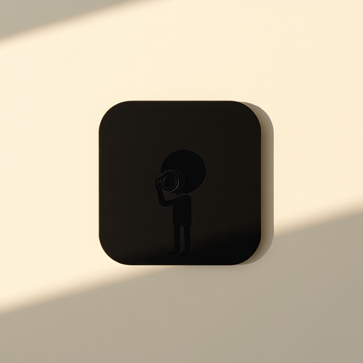 Generate a high-resolution image of a minimalist black icon featuring a stylized character holding a camera, shot with a Canon EOS R5 at f/4, ISO 100, 1/200 sec, in a flat lay view with natural lighting.