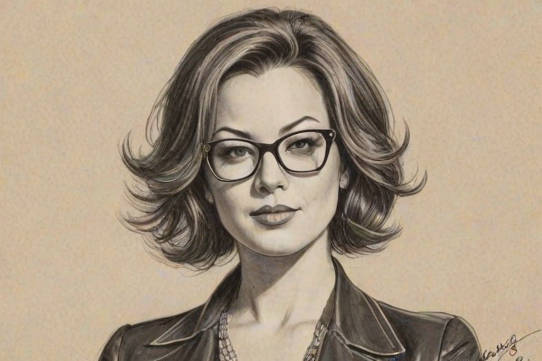 Alluring Jennifer Tilly, pencil sketch, portrait of Gorgeous woman 1970s in glasses, hair style beatnik, outline, clear lines, fine lines, 8k