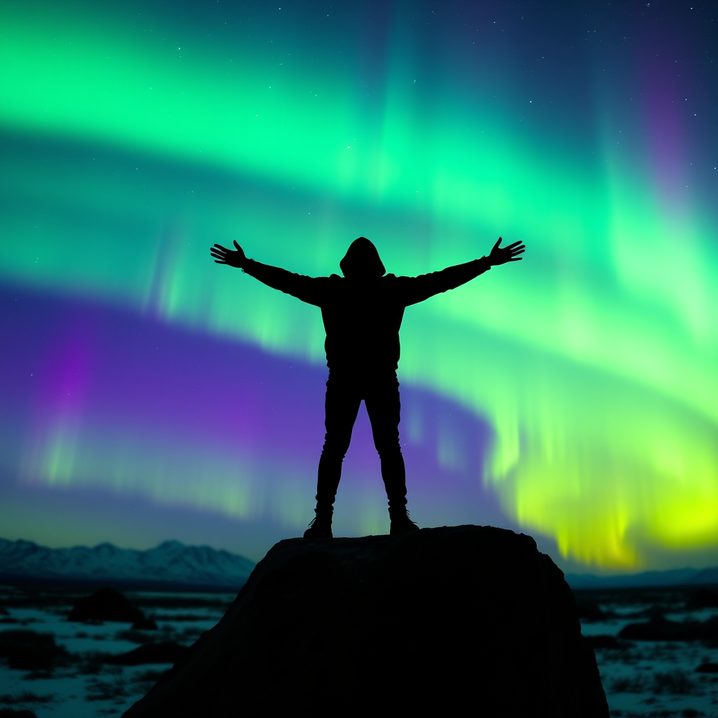 Create a silhouette of a person standing on a rock with arms outstretched against a vibrant night sky filled with auroras in shades of green and purple, captured with a Nikon D850 at ISO 800, f/2.8, 20 seconds exposure in a wide-angle view.