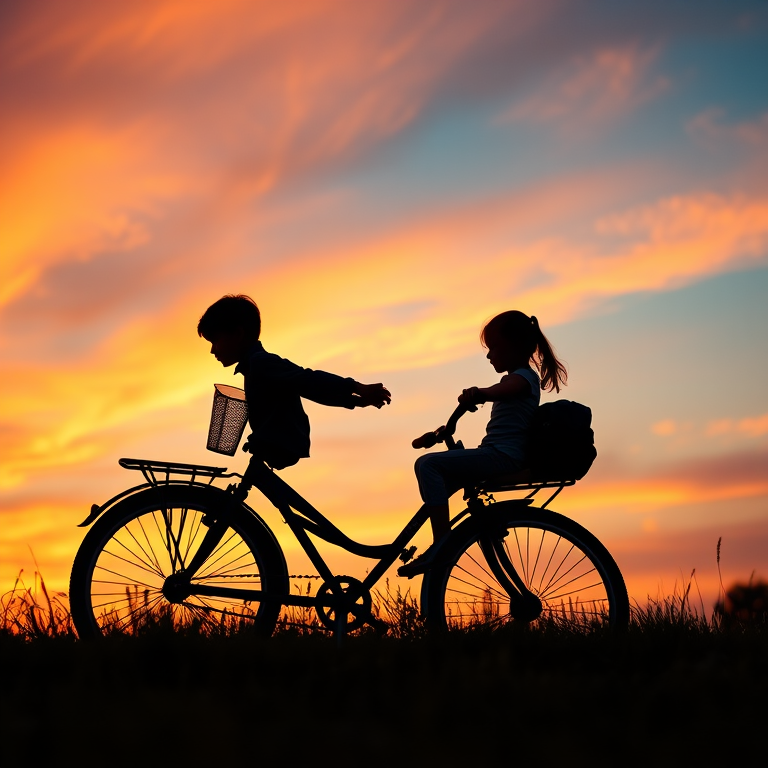 Silhouette of a boy and girl riding a bicycle at sunset, vibrant orange and blue sky, grassy foreground, Canon EOS R, 50mm f/1.8 lens, aperture f/2.8, shutter speed 1/200s, ISO 100, soft focus background to enhance subject clarity.
