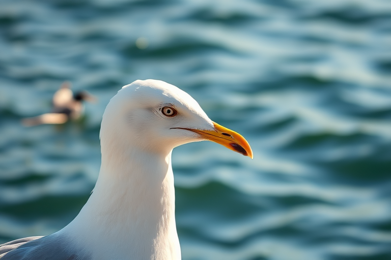 seagull near water, soft natural lighting, shallow depth of field, macro lens, f/2.8, ISO 100, 1/200 sec, taken with a DSLR camera, high dynamic range, vibrant colors.