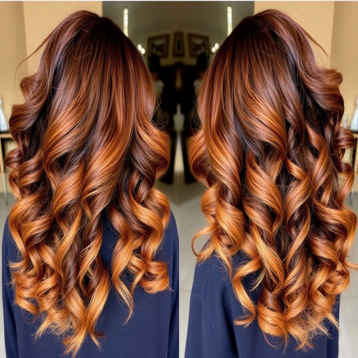 Chocolate brown to caramel ombre styled in voluminous, bouncy curls by "Sweet Spirals" hair studio, featuring a deep side part and cascading ringlets that create a lush, full-bodied look, with golden honey highlights strategically placed to enhance the natural curl pattern.