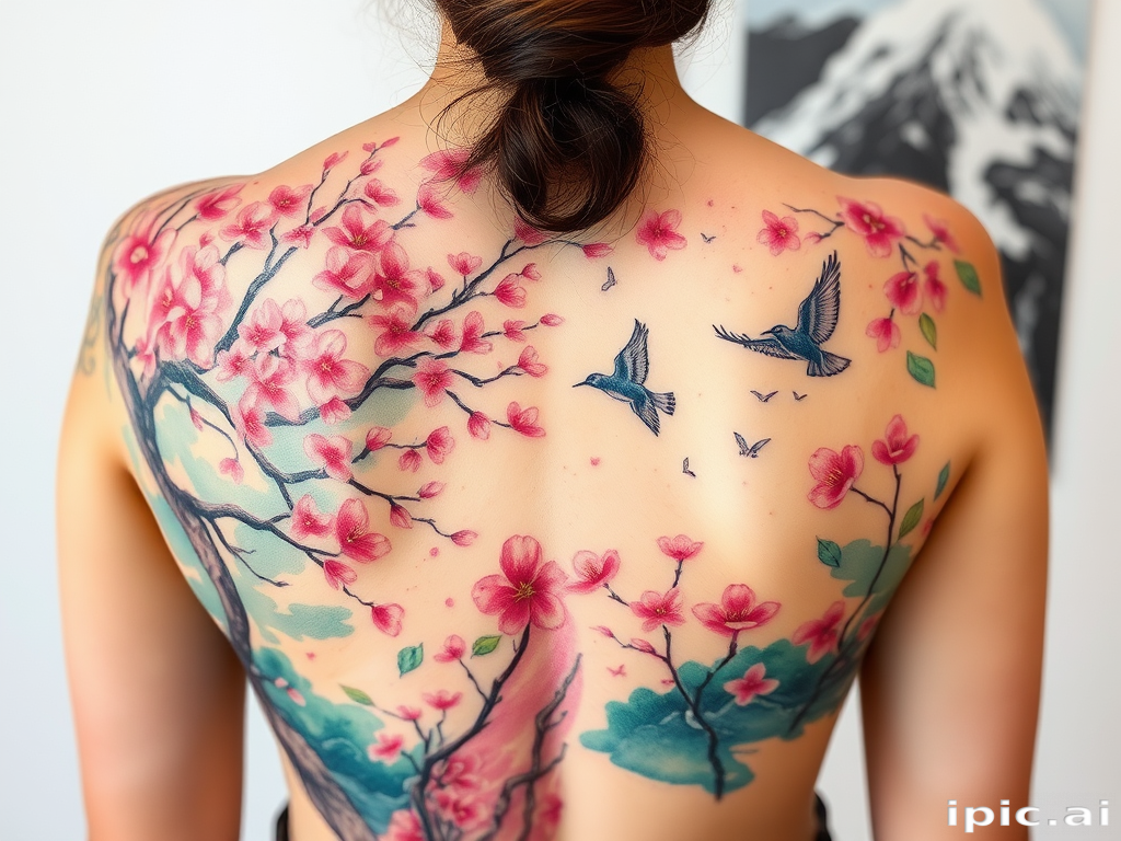 Vibrant watercolor tattoo spanning across the back, depicting a lush forest scene with blooming cherry blossoms and soaring birds, featuring soft pastel hues and delicate brushstrokes that create a dreamy ethereal effect