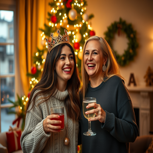 A joyful indoor holiday scene with two women celebrating in front of a decorated Christmas tree, one wearing a golden crown and holding a drink, captured with a Canon EOS R5, 50mm lens, f/1.8 aperture, ISO 400, 1/60 sec shutter speed, soft warm lighting for a cozy atmosphere.