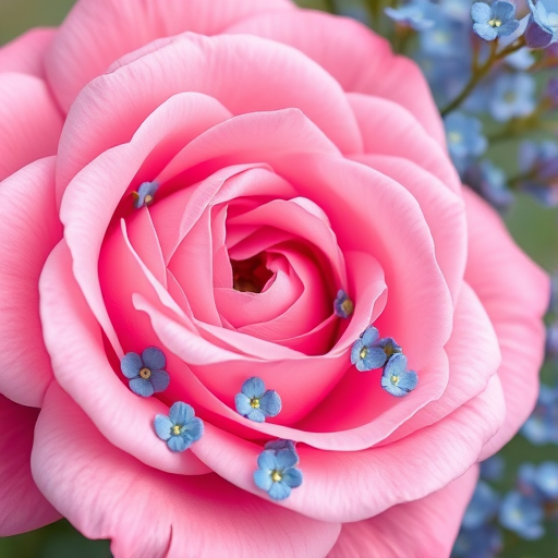 Generate a high-resolution floral illustration featuring a large pink rose with delicate blue forget-me-nots, use a Canon EOS 5D Mark IV with an aperture of f/2.8, 50mm lens, and soft focus to enhance colors and details in a vibrant, graphic style.