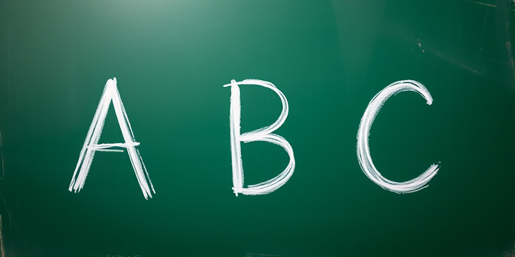 A green chalkboard with the letters A, B, and C written in white chalk, captured with a DSLR camera, 50mm lens, f/2.8 aperture, ISO 100, shot from a straight-on view for a clear and focused image.