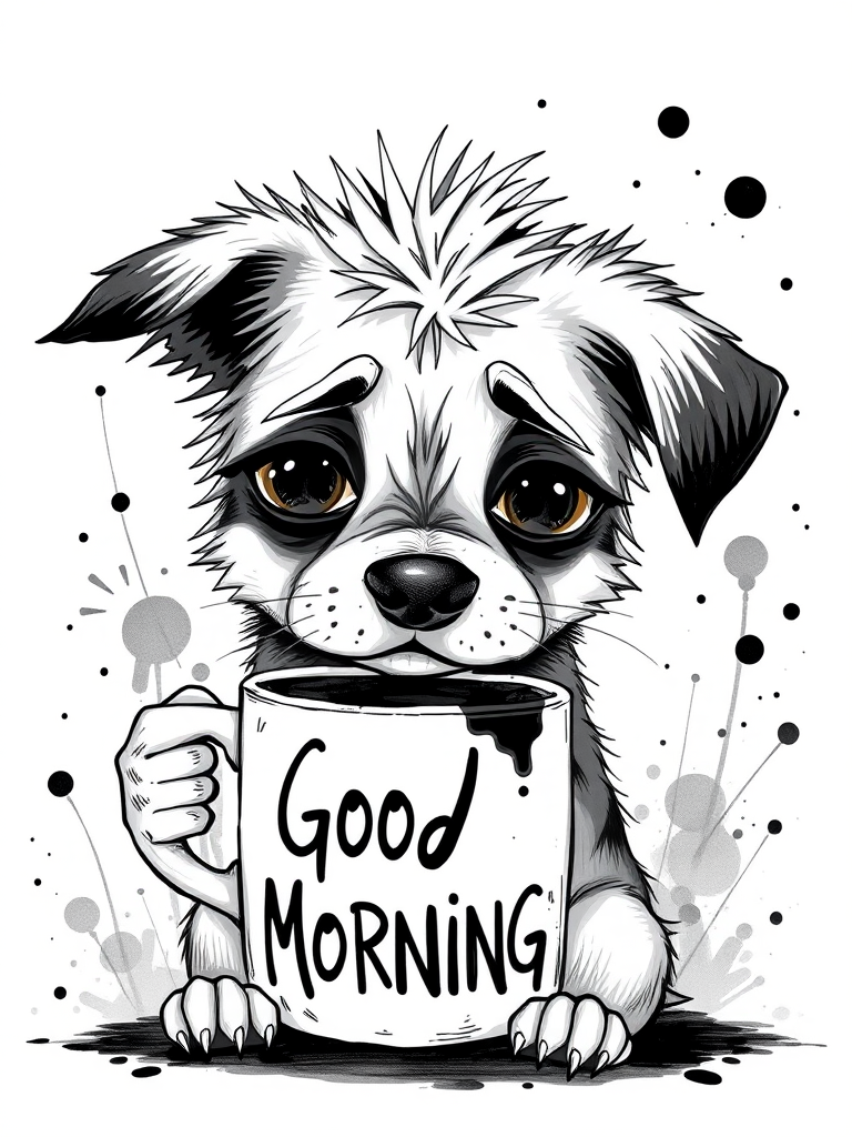 A quirky, artistic illustration of a disheveled puggat dog breed with exaggerated, large eyes and spiky fur, holding a coffee mug that reads "Good Morning". The dog has a tired but humorous expression, with ink splatters and abstract details surrounding it, giving a whimsical feel to the image. The color palette is mostly monochrome with hints of black in the eyes and steam rising from the mug, enhancing the overall sleepy vibe