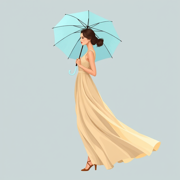 Create an illustration of a woman in a long, flowing beige dress holding a light blue umbrella, standing gracefully with a soft pose, using a Canon EOS 5D Mark IV, 50mm lens, f/1.8 aperture, ISO 100, natural lighting, captured from a slight low angle for a more dynamic perspective.