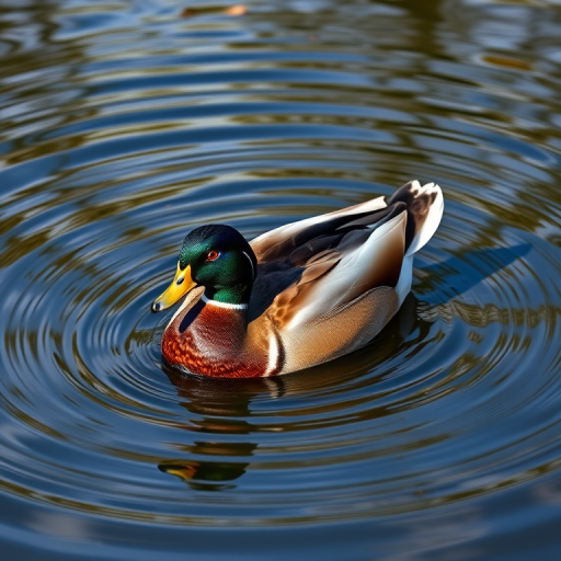 Capture a vivid image of a duck swimming in a serene pond with rippling water reflections, showcasing its striking colors and details, using a DSLR camera with a 50mm lens, aperture f/2.8, ISO 200, and a shutter speed of 1/500 seconds.