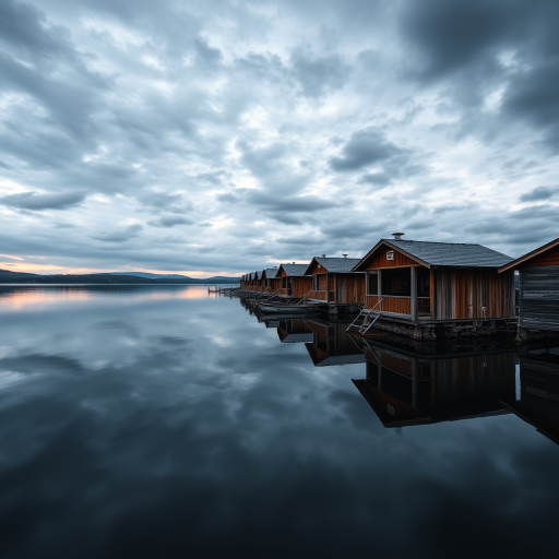 Capture a serene lake scene at dusk with wooden boathouses reflecting on the calm water, overcast sky with dramatic clouds, use a 24mm lens, aperture f/8, shutter speed 1/4 sec, ISO 100, with a tripod and polarizing filter for enhanced clarity and color depth.