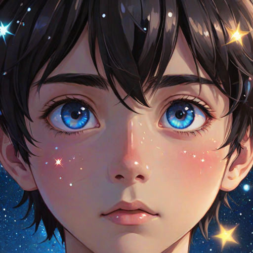 A little anime boy with close up eyes, sparkling eyes, close - up, two eyes looking forward, long eyelashes, bangs, surrounded by many colorful stars, brilliant colors, meteors, MilkyWay, colorful star clusters, close - up shots, oil painting style, very obvious oil painting minimalist palette style, 32k uhd, beautiful booru, old era, color manga