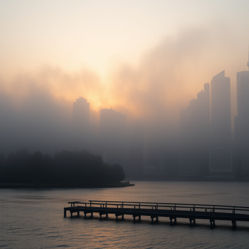 A misty cityscape at dawn with silhouettes of skyscrapers and a serene waterfront view, captured using a full-frame camera at f/8, ISO 100, 50mm lens, with a slight tilt-shift effect for depth.
