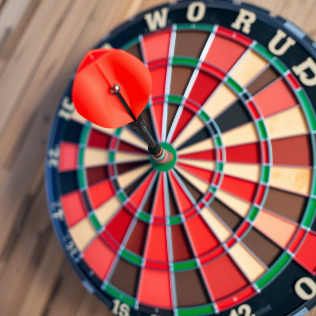 Create a high-resolution image of a standard dartboard with vibrant colors and clear details, using a Canon EOS R5 with a 24-70mm f/2.8 lens at f/8, ISO 100, and a 1/125 sec shutter speed, shot from a top-down view in natural light for enhanced clarity and richness in color.
