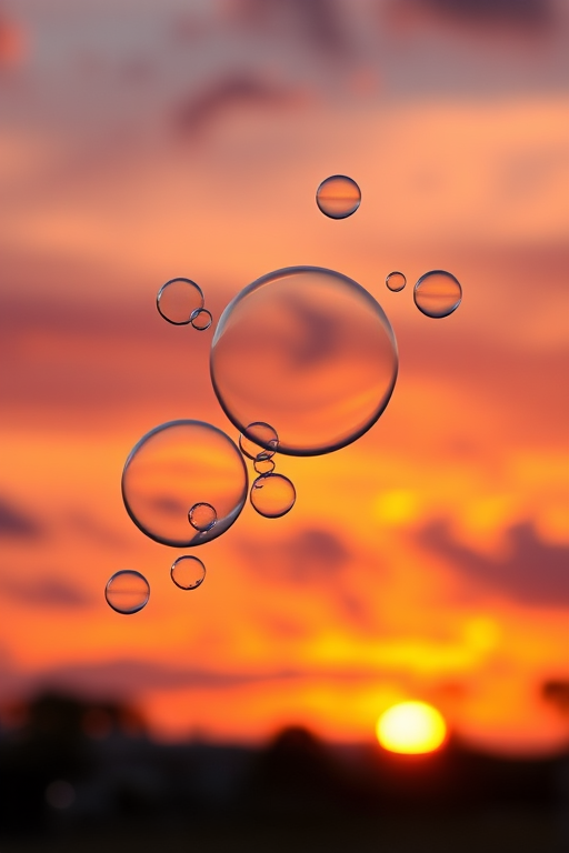 Create an image of colorful soap bubbles floating against a vibrant sunset sky with soft clouds, using a DSLR camera with a 50mm lens, aperture set to f/2.8, shutter speed at 1/200s, ISO 100, capturing a shallow depth of field for enhanced detail and clarity.