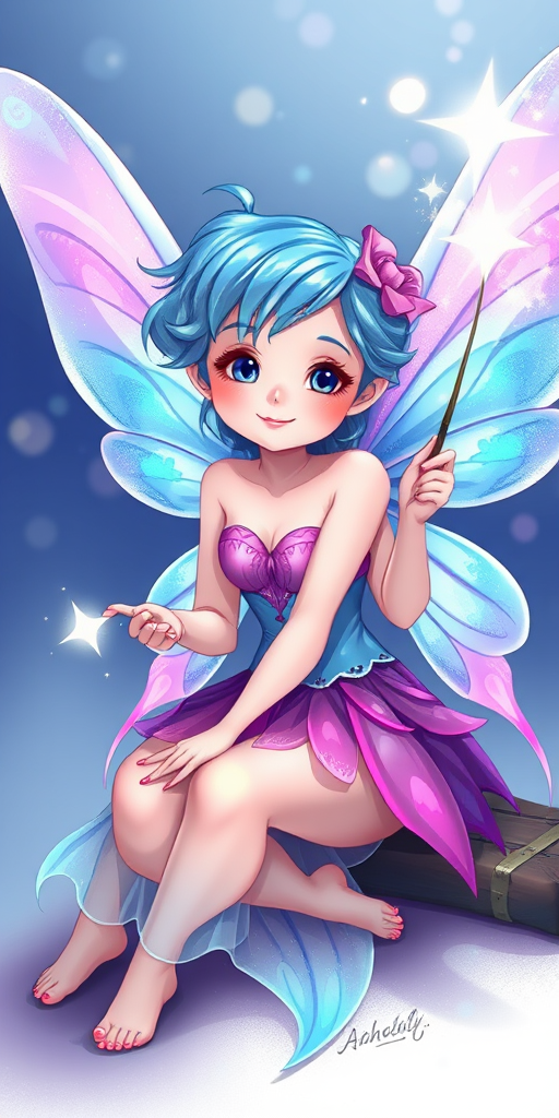 Create an illustration of a fairy with translucent blue and pink wings, sitting gracefully with a playful expression, holding a sparkling wand that casts magical stars, in vibrant colors with high detail, using digital art techniques, shot from a low angle for a whimsical perspective, styled as a fantasy art piece.