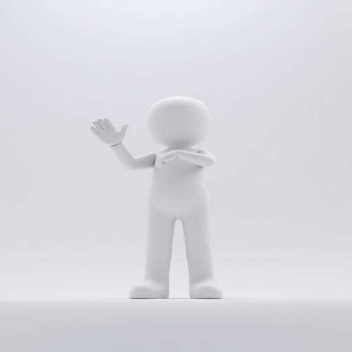 Create a 3D rendering of a simplistic white humanoid figure waving, using a 35mm lens, f/4 aperture, ISO 100, soft lighting, and a slight upward angle from a low perspective.