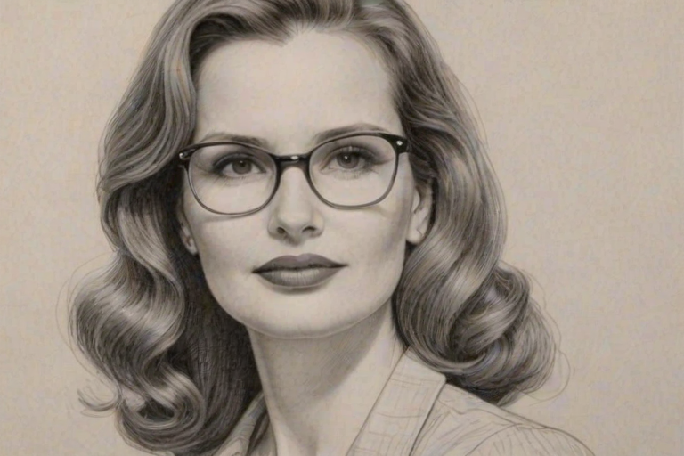 Captivating Geena Davis, pencil sketch, portrait of Lovely woman 1944s in glasses, hair style beatnik, outline, clear lines, fine lines, 8k