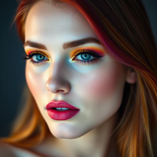 portrait of a woman with vibrant makeup and colorful hair, soft focus, 85mm lens, f/1.8 aperture, ISO 100, studio lighting, high dynamic range, shallow depth of field