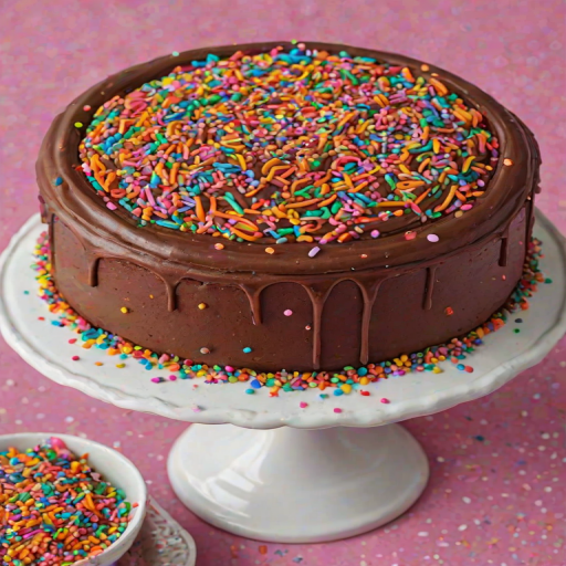 Create an image of a round chocolate cake decorated with colorful sprinkles on top and around the sides. The frosting should be rich and smooth, with a decorative swirl on the top. Include a small bowl of sprinkles nearby, and scatter some sprinkles on the surface around the cake for added detail. The background should be simple and bright to emphasize the cake.
