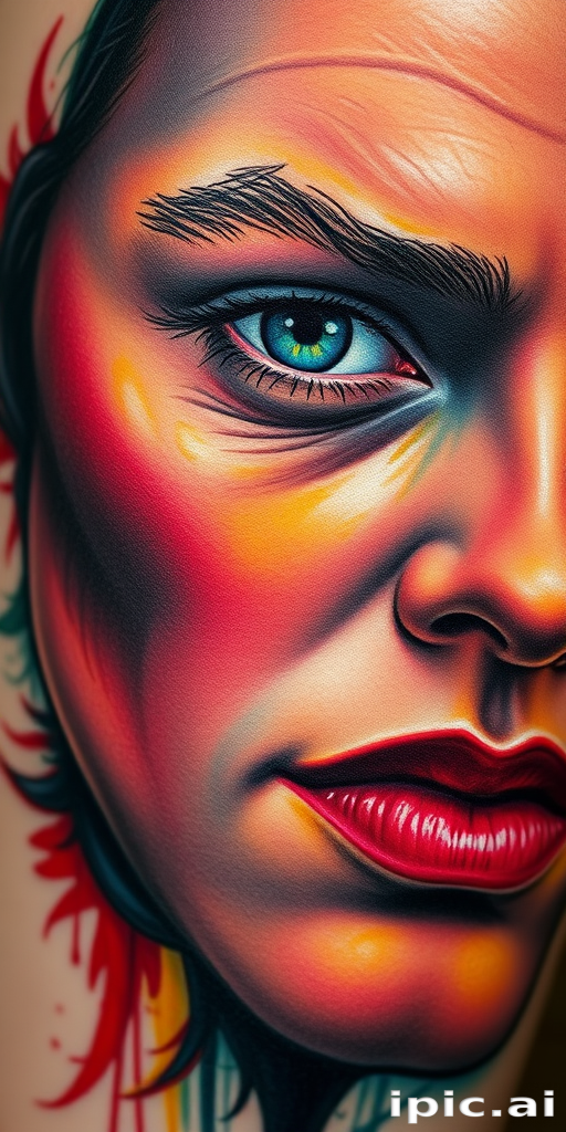 Hyper-realistic color portrait tattoo called "Living Canvas" showcasing a lifelike human face with incredible detail, texture, and depth using a full spectrum of vivid colors