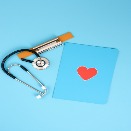 A stethoscope next to a medical clipboard with a heart logo on a bright blue background, captured with a Canon EOS 5D, 50mm lens, f/2.8 aperture, ISO 100, shot in a flat lay style for a clear and vibrant image.