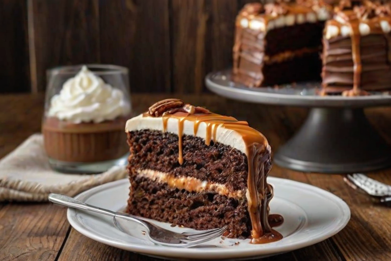 Create an image of a decadent chocolate layer cake with rich chocolate layers, creamy frosting, and caramel drizzled on top. The cake should be garnished with pecans and served on a white plate, with a fork beside it, and a rustic wooden background.