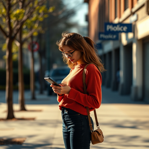 Generate a full-body portrait of a woman standing on a sidewalk, using a shallow depth of field to blur the background while she is focused on her smartphone, captured with a Canon EOS R5 at f/2.8, ISO 100, 1/400s, in natural daylight, with a slight warm tone to enhance colors and detail.