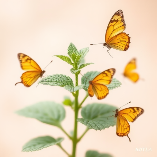 Create a high-resolution botanical illustration of a mint plant with delicate golden butterflies around it, soft pastel background, macro lens, shallow depth of field, DSLR camera, 50mm f/1.8 aperture.