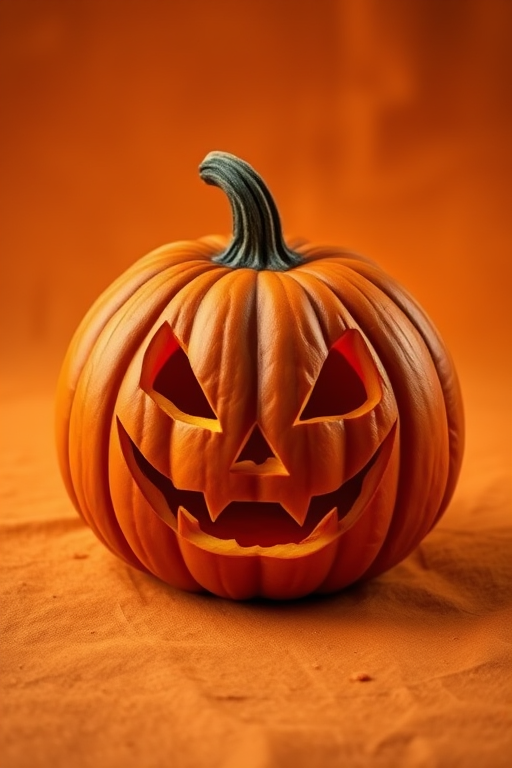 Create a high-resolution image of a carved pumpkin with an eerie smile sitting on a textured orange background, using a DSLR camera with a 50mm lens, aperture set to f/2.8, ISO 100, and warm lighting to enhance details and shadows.