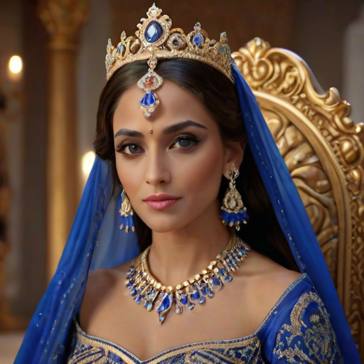 A gorgeous Coptic woman in a luxurious blue gown, accessorized with a dazzling tiara and statement earrings, her deep Yellow eyes highlighted by impeccable makeup, poised in a royal setting, photorealistic, 8K quality