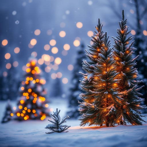 Create a serene winter landscape featuring tall evergreen trees adorned with warm golden lights surrounded by softly falling snowflakes in a dreamy twilight setting with a blurred background of glowing orbs and a gentle ambiance of holiday spirit.