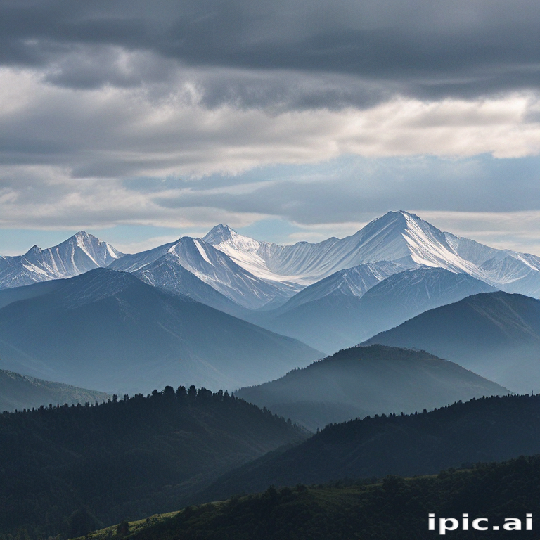 Majestic Snow-Capped Mountains Under a Dramatic Cloudy Sky at Dusk.
