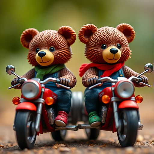 A close-up shot of two pairs of figurine bears riding motorcycle sidecars, captured with a Canon EOS 5D Mark IV, 50mm lens, aperture f/2.8, ISO 100, 1/200 sec, soft natural lighting, focused background, vibrant colors.