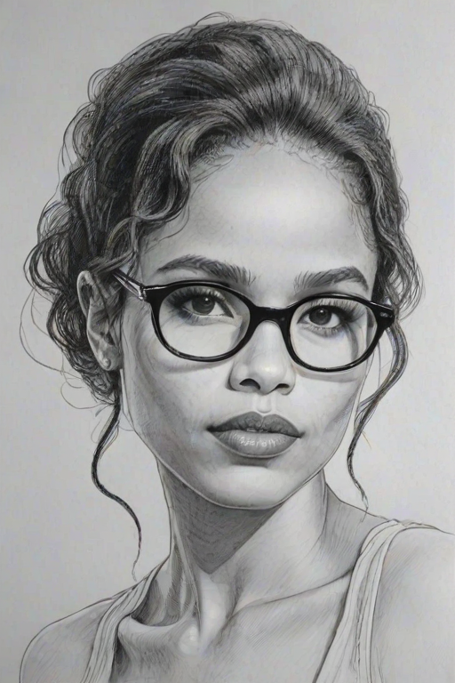 Enticing Zo' Kravitz, pencil sketch, portrait of Enchanting woman 1966s in glasses, hair style beatnik, outline, clear lines, fine lines, 8k