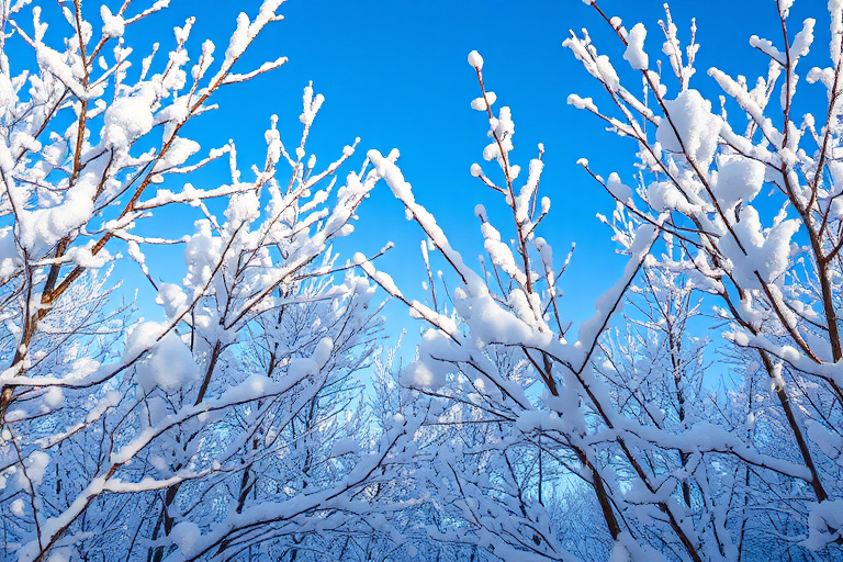 Winter landscape with snow-covered branches against a clear blue sky, captured with a DSLR camera at f/2.8, ISO 100, shutter speed 1/250s, 50mm lens, using a natural light setting for enhanced clarity and color vibrance.