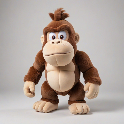Donkey Kong children's version of an adorable and cute cotton plush with a full body on a white background. A good front pose is visible with extreme quality and every detail. The image features good lighting, a well-chosen color palette, and a 3D appearance.