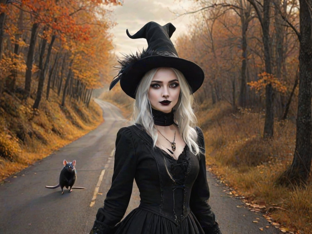 digital art fantasy depicting a strange girl with white hair, long eyelashes, black lipstick and a tall hat walking along a winding road on an autumn afternoon, an Rat smiles as she passes