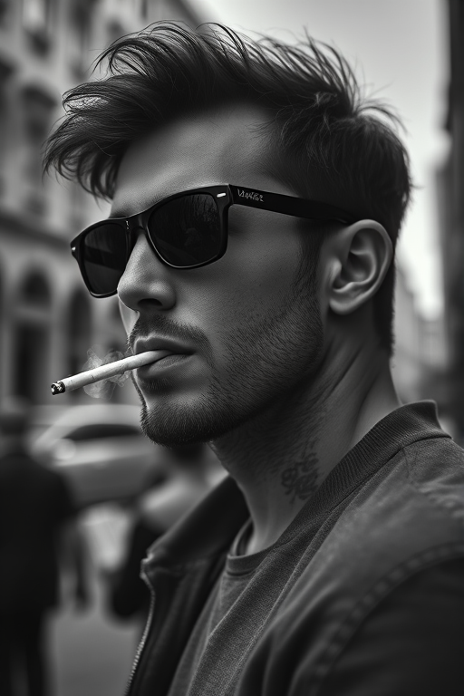 portrait of a man with sunglasses smoking a cigarette in a city setting, shallow depth of field, high contrast black and white, natural light, Canon EOS R5, 50mm f/1.2 lens, ISO 100, f/2.8, 1/250s, cinematic style, side view