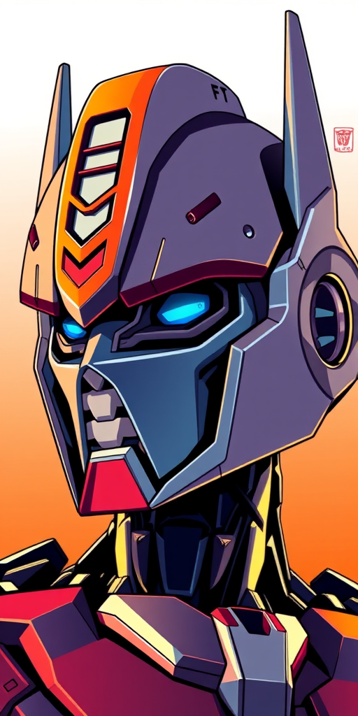 Create a highly detailed digital illustration of a robotic helmet inspired by iconic transformers, emphasizing bold lines and vibrant colors, set against a soft gradient background of warm orange and white, using a Canon EOS 5D Mark IV camera with an aperture of f/2.8, a focal length of 85mm, and a shutter speed of 1/100s for enhanced image quality.