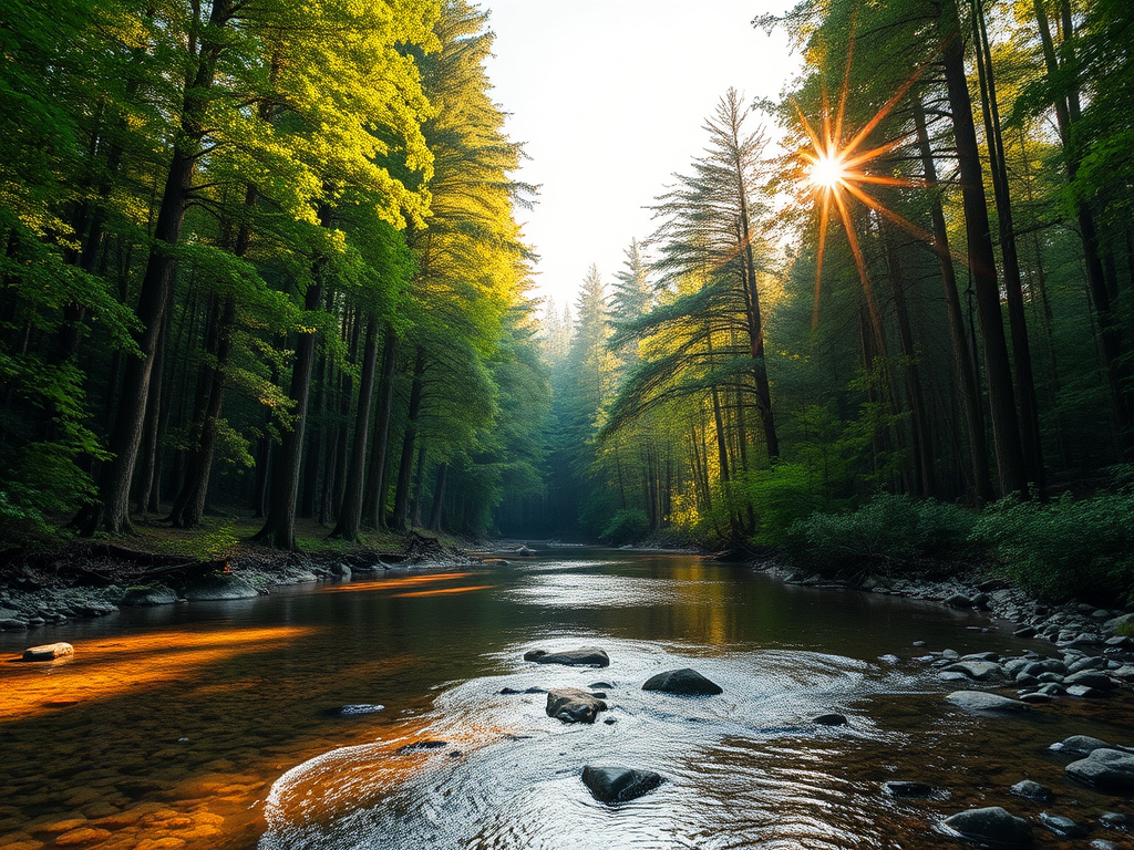 Create an image of a serene, sunlit forest scene with a clear, gently flowing river. Tall trees with lush green foliage line both sides of the river, their leaves bathed in the warm golden light of the setting or rising sun. The sunlight filters through the trees, casting soft, dappled light on the river, which flows over smooth rocks and pebbles, creating a peaceful, natural atmosphere. The sky is bright with a few scattered clouds, and the overall mood is tranquil, evoking a deep sense of connection with nature. The image captures the beauty of a calm, pristine forest landscape at either dawn or dusk.