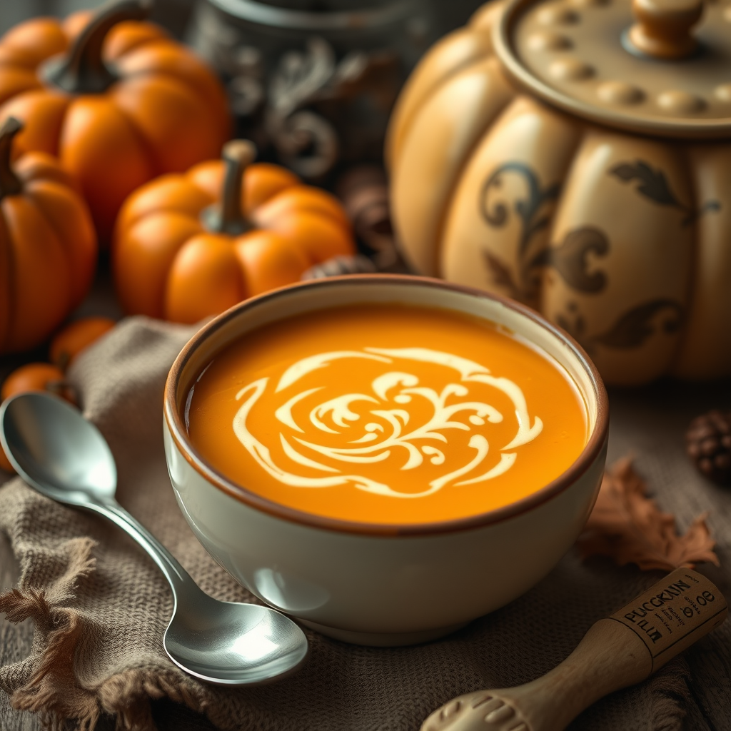 Capture a steaming bowl of pumpkin soup with intricate designs, surrounded by a cozy autumn scene featuring pumpkins, a decorative pot, and a spoon, using a Canon EOS R5, ISO 100, f/2.8, 50mm lens, natural light, shallow depth of field for a warm and inviting atmosphere.