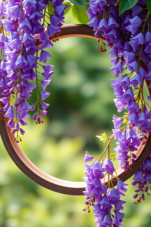 create an illustration of a circular frame with delicate purple wisteria flowers on one side, using a macro lens at f/2.8, ISO 100, 50mm focal length, soft natural lighting, high-resolution digital illustration, top-down view